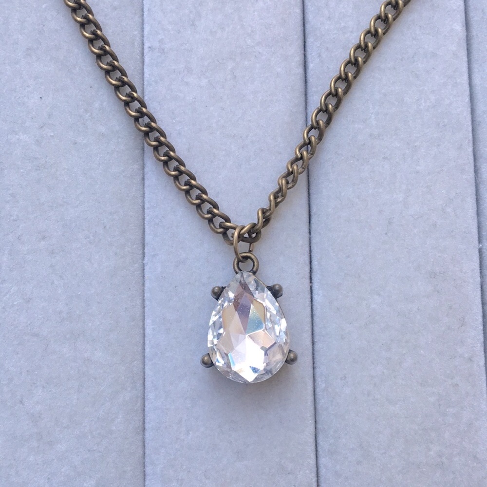 Antique Brass Pear Tear Drop Crystal Pendant Necklace